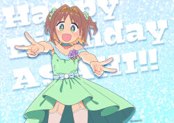  +_+ 1girl :d bare_arms bare_shoulders blue_background blue_choker blue_dress blush bow brown_hair character_name choker collarbone commentary_request cowboy_shot double_v dress dress_bow dress_flower earrings fang flower garter_straps green_dress green_eyes green_scrunchie happy_birthday highres jewelry looking_at_viewer looking_back matado_(almukha) medium_dress off-shoulder_dress off_shoulder oka_asahi onii-chan_wa_oshimai! open_mouth outstretched_arm pearl_earrings purple_flower scrunchie short_hair smile solo standing star-shaped_pupils star_(symbol) symbol-shaped_pupils thighhighs tiara twitter_username two_side_up v white_garter_straps 