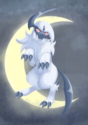  absol animal_focus bright_pupils claws closed_mouth creatures_(company) game_freak gen_3_pokemon horn horns moon nintendo no_humans pokemon pokemon_(creature) red_eyes single_horn smile solo soruva_359 white_hair white_pupils  rating:General score:0 user:kiki1099