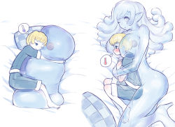  1boy 1girl age_difference barefoot between_breasts blonde_hair blue_eyes blue_hair blue_shirt blue_shorts blue_skin blush breasts closed_mouth colored_skin core embarrassed fetal_position head_between_breasts hetero high_heels highres hug hug_from_behind idon jitome large_breasts liquid-in-glass_thermometer long_hair lying monster_girl on_bed on_side one_eye_closed original pajamas pale_skin parted_lips pillow pointy_ears shirt shorts size_difference slime_girl smile spoken_object sweat thermometer 