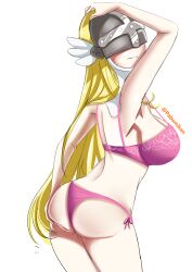  1girl absurdres angel angel_girl angewomon ass ass_grab blonde_hair bra breasts digimon digimon_(creature) grabbing_own_ass head_wings highres large_breasts long_hair mask pabsmikan panties pink_bra pink_panties solo underwear very_long_hair wings  rating:Questionable score:6 user:Chaos11