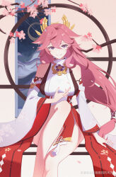  1girl absurdres animal_ears breasts cherry_blossoms cowboy_shot detached_sleeves film_grain floppy_ears fox_ears genshin_impact hand_up highres kazezeze knee_up large_breasts long_hair looking_at_viewer low-tied_long_hair nontraditional_miko parted_lips pink_hair purple_eyes sidelocks sitting solo white_sleeves wide_sleeves yae_miko 