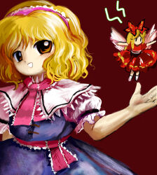  1girl absurdres alice_margatroid blonde_hair blue_dress capelet dress frilled_hairband frills hairband hand_up highres imperishable_night looking_at_viewer medium_hair puffy_short_sleeves puffy_sleeves red_background shanghai_doll short_sleeves simple_background smile solo touhou wavy_hair white_capelet yakumora_n yellow_eyes zun_(style) 