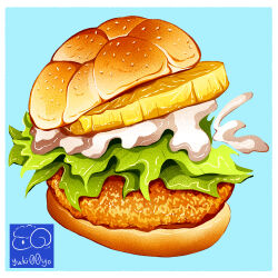  artist_logo artist_name bread burger chicken_(food) food food_focus fruit highres mayonnaise no_humans original pineapple pineapple_slice yuki00yo 