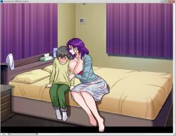  1boy 1girl age_difference arm_hug bedroom blush bra bra_peek breasts cleavage collarbone curtains earrings feet gaden grey_hair indoors jewelry large_breasts long_sleeves looking_at_another mature_female medium_hair mole mole_under_mouth necklace on_bed onee-shota original purple_hair short_hair shota smile socks tissue_box underwear 