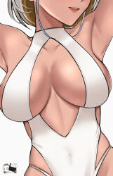  1girl armpits artist_logo blonde_hair breasts center_opening collarbone colored_inner_hair covered_navel dark-skinned_female dark_skin dynorz grey_hair head_out_of_frame highres large_breasts leotard luvdia multicolored_hair open_mouth park_dona short_hair solo twitter_username virtual_youtuber white_leotard 