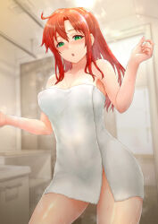  1girl :o absurdres bathroom blurry blurry_background blush breasts cleavage commentary_request green_eyes hair_between_eyes hands_up highres long_hair medium_breasts naked_towel open_mouth original ponytail red_hair sasagawa_(haikaiki) solo standing towel wet white_towel 