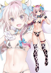  1boy animal_ears animal_print astolfo_(fate) bell bikini blue_bow bow braid bulge commission cow_ears cow_horns cow_print cow_print_bikini cow_print_thighhighs cowbell fake_animal_ears fake_horns fang fate/grand_order fate_(series) gloves hair_bow hair_intakes highres horns long_braid long_hair male_focus multicolored_hair navel pink_hair print_bikini print_thighhighs purple_eyes single_braid single_glove skeb_commission skin_fang smile streaked_hair swimsuit thigh_strap thighhighs trap uraka very_long_hair white_gloves white_hair zoom_layer 