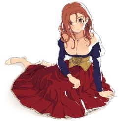 1girl alternate_hairstyle arm_support bad_id bad_twitter_id bare_shoulders blouse blue_shirt blush breasts brown_eyes brown_hair cleavage corset dragon_quest dragon_quest_viii earrings female_focus full_body hair_down hair_over_one_eye jessica_albert jewelry large_breasts long_hair miyama_(kannsannn) necklace shirt simple_background sitting sketch solo square_enix white_background rating:Sensitive score:51 user:danbooru