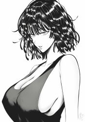  1girl absurdres bare_shoulders black_tank_top breasts collarbone fubuki_(one-punch_man) highres large_breasts looking_to_the_side monochrome mostlybluewyatt no_bra one-punch_man open_mouth shirt short_hair sideboob simple_background sleeveless sleeveless_shirt solo tank_top upper_body white_background  rating:General score:25 user:danbooru