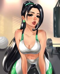  1girl absurdres all_fours black_eyes black_hair earrings genjiruu gym highres jewelry licking_lips long_hair pants ponytail sage_(valorant) solo sports_bra tongue tongue_out yoga_pants  rating:Explicit score:9 user:jeffj0189