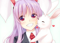 1girl ^_^ animal animal_ears bad_id bad_pixiv_id black_jacket blazer blush closed_eyes commentary_request gradient_background green_background grin heart hisae_(hisae_collect) holding holding_animal jacket kiss_day looking_at_viewer necktie portrait purple_hair rabbit rabbit_ears rabbit_tail red_eyes red_neckwear reisen_udongein_inaba shirt sidelocks smile tail touhou white_background white_shirt wing_collar rating:Sensitive score:4 user:danbooru