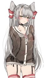  1girl amatsukaze_(kancolle) animal_ears arms_behind_back black_garter_straps black_panties brown_dress brown_eyes chigasaki_yukari commentary_request cowboy_shot dress garter_straps grey_hair hair_tubes highres kantai_collection lifebuoy_ornament panties panties_over_garter_belt red_thighhighs sailor_collar sailor_dress see-through see-through_dress short_dress side-tie_panties simple_background solo striped_clothes striped_thighhighs thighhighs two_side_up underwear white_background white_sailor_collar 