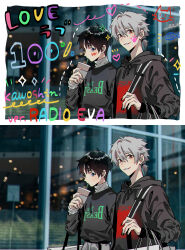  2boys ahoge alternate_costume backpack bag black_bag black_hair black_hoodie black_nails black_sleeves blue_eyes chinese_commentary clothes_writing commentary_request cup disposable_cup drink drinking drinking_straw facepaint fashion fingernails hair_between_eyes highres holding holding_drink hood hood_down hoodie hun_(endlesslovehikaru) ikari_shinji layered_sleeves long_sleeves male_focus multiple_boys nagisa_kaworu nail_polish neon_genesis_evangelion outdoors parted_lips photo_background red_eyes shirt shopping_bag short_hair short_ponytail sleeves_past_wrists smile strap_pull teeth the_beatles turtleneck turtleneck_shirt upper_body white_hair white_shirt 