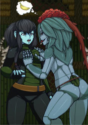  2girls alien apex ass banana barbariank black_hair black_sclera blue_skin bodysuit grabbing_another&#039;s_breast colored_sclera colored_skin cornrows floran food fruit grabbing green_hair highres leaf monster_girl multiple_girls ponytail starbound thought_bubble tongue tongue_out yuri 