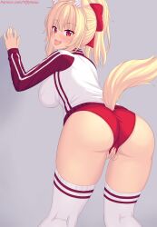 1girl against_wall animal_ears ass blonde_hair blush bow breasts buruma cameltoe cat_ears cat_tail come_hither female_masturbation fingering from_behind hair_bow highres huge_ass large_breasts leaning leaning_forward long_hair looking_at_viewer masturbation masturbation_through_clothes naughty_face nottytiffy original ponytail red_eyes sideboob smile solo tail thighhighs tiffy_(nottytiffy) tongue tongue_out rating:Questionable score:56 user:armorcrystal