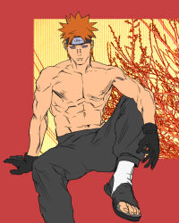 1boy black_gloves black_pants forehead_protector gloves koogi korean_commentary looking_at_viewer male_focus naruto_(series) naruto_shippuuden orange_hair pain_(naruto) pants rinnegan sandals short_hair sitting solo spiked_hair topless_male 