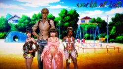  1boy 3girls age_difference black_hair dark_skin earrings elbow_gloves gloves highres jewelry lamppost loli midriff multiple_girls navel ring shiny_skin showgirl_skirt swing tiara tree twintails  rating:Explicit score:14 user:P1nkoPall1no