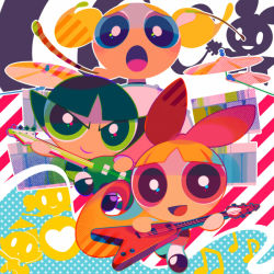  3girls :o band black_hair blonde_hair blossom_(ppg) blue_eyes bubbles_(ppg) buttercup_(ppg) cartoon_network drum green_eyes guitar instrument looking_at_viewer mintchoco_(mmn2) multiple_girls orange_hair powerpuff_girls red_eyes ribbon siblings sisters smile toon_(style)  rating:Sensitive score:17 user:danbooru