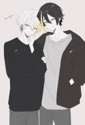 2boys absurdres alternate_costume black_hair black_sweater blonde_hair blue_pupils brown_jacket clenched_hand collarbone commentary_request cowboy_shot donna_ketsumatsu_ga_onozomi_dai_(tuyu) dot_nose grey_background grey_pants grey_shirt guitar hair_between_eyes hand_in_pocket hand_on_own_arm hand_on_own_face hand_up head_tilt highres hood hood_down hooded_jacket hutaba_haru instrument jacket light_smile long_hair_between_eyes long_sleeves looking_at_viewer male_focus multicolored_hair multiple_boys official_art pants paperclip pocket shirt short_hair siblings simple_background song_name standing streaked_hair sweater translation_request tuyu_(band) white_hair yellow_eyes