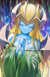  bare_shoulders blonde_hair blue_skin blush collarbone colored_skin commentary dress duel_monster elf english_commentary fingernails green_dress hair_ornament hands_up headpiece kaze-hime long_hair mystical_elf off-shoulder_dress off_shoulder own_hands_together parted_lips pointy_ears praying solo yu-gi-oh!  rating:General score:12 user:danbooru