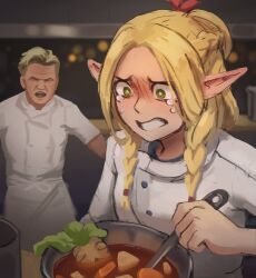  1boy 1girl blonde_hair blurry blurry_background braid bright_pupils chef clenched_teeth commentary cooking cooking_pot crying crying_with_eyes_open dungeon_meshi elf english_commentary food gordon_ramsay green_eyes hair_over_shoulder hair_ribbon hell&#039;s_kitchen hexlaze highres holding indoors kitchen long_hair low_twin_braids marcille_donato open_mouth parted_bangs pointy_ears real_life red_ribbon ribbon short_hair shouting solo_focus tears teeth twin_braids white_pupils 