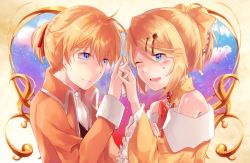 1boy 1girl allen_avadonia bare_shoulders blonde_hair blue_eyes blush bow brother_and_sister brown_jacket choker ascot crying crying_with_eyes_open dress evillious_nendaiki eye_contact frilled_sleeves frills hair_bow hair_ribbon holding_hands hetero interlocked_fingers jacket kagamine_len kagamine_rin looking_at_another mipi one_eye_closed open_mouth ribbon riliane_lucifen_d&#039;autriche short_ponytail siblings sky smile star_(sky) starry_sky tears twilight twins updo vocaloid yellow_jacket rating:Sensitive score:1 user:danbooru