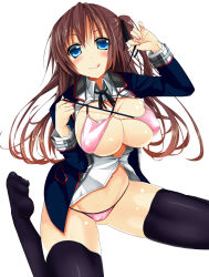  1girl :q ajikan_(azican) bikini bikini_pull bikini_top_lift black_thighhighs blazer blue_eyes blush breasts breasts_out brown_hair cleavage clothes_lift clothes_pull covered_erect_nipples hair_ribbon highres huge_breasts jacket large_breasts lifted_by_self long_hair looking_at_viewer navel one_side_up open_clothes open_jacket original pink_bikini ribbon simple_background sitting smile solo swimsuit thighhighs tongue tongue_out unbuttoned wariza white_background 