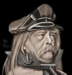 1boy beard bismarck_(kancolle) bismarck_(kancolle)_(cosplay) black_background blonde_hair brown_hat commentary_request cosplay dated facial_hair hat highres kantai_collection long_hair male_focus military mustache name_connection old old_man otto_von_bismarck peaked_cap portrait real_life solo tk8d32
