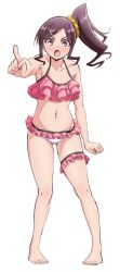  1girl angry blush breasts brown_hair feet harukana_receive highres medium_breasts ooshiro_akari open_mouth pink_eyes pointing pointing_at_viewer red_eyes side_ponytail simple_background sweat swimsuit toes 