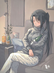  1girl alternate_costume black_hair blush bottle breasts closed_eyes closed_mouth commission couch cushion grey_sweater highres holding holding_bottle indoors kantai_collection large_breasts long_hair long_sleeves nachi_(kancolle) pants plant side_ponytail sitting skeb_commission solo suzumaru sweater turtleneck turtleneck_sweater white_pants 