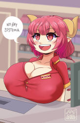 1girl absurdres blurry blurry_background breast_rest breasts cleavage covered_erect_nipples dragon_horns highres horns huge_breasts ichduhernz ilulu_(maidragon) indoors kobayashi-san_chi_no_maidragon open_mouth pink_hair pointy_ears red_eyes red_shirt shirt short_sleeves shortstack smile solo spanish_text speech_bubble teeth text_focus twintails upper_body upper_teeth_only rating:Questionable score:38 user:DarkToonLink