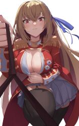  1girl aiguillette azur_lane black_garter_straps black_thighhighs blonde_hair blue_ribbon blush breasts buttons cleavage commission crossed_bangs garter_straps hair_ribbon highres holding holding_leash king_george_v_(azur_lane) large_breasts leash long_hair looking_at_viewer lud medal military_uniform parted_lips pleated_skirt pov red_eyes red_uniform ribbon simple_background skirt solo thighhighs uniform very_long_hair white_background white_skirt 