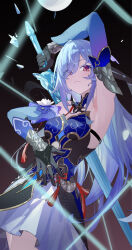  1girl absurdres armor armpits bare_shoulders black_dress black_gloves blue_dress blue_hair detached_sleeves dress eyes_visible_through_hair falling_petals floating_hair full_moon gloves gold_trim gradient_background hair_over_one_eye highres holding holding_sword holding_weapon honkai:_star_rail honkai_(series) ice incoming_attack jewelry jingliu_(honkai:_star_rail) light_blue_hair light_frown long_hair long_sleeves looking_at_viewer moon multicolored_clothes multicolored_dress petals red_eyes ring shoulder_armor sidelocks simple_background skirt skirt_under_dress swept_bangs sword tassel tsurime very_long_hair weapon white_skirt wudongyouyi 