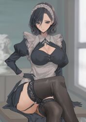  1girl apron black_dress black_garter_straps black_gloves black_hair black_thighhighs blurry blurry_background breasts bust_(sculpture) classroom cleavage cleavage_cutout closed_mouth clothing_cutout collared_dress crossed_legs desk dress floral_print frilled_apron frills garter_straps gloves grey_eyes hair_behind_ear hair_between_eyes hand_on_own_hip kesoshirou lace lace-trimmed_thighhighs large_breasts light_blush long_sleeves looking_at_viewer maid maid_apron maid_headdress medium_hair neck_ribbon on_desk original puffy_sleeves ribbon sitting sleeve_cuffs solo thick_thighs thighhighs thighs white_apron white_ribbon window zettai_ryouiki 