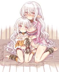2girls 7010 ankle_cuffs barefoot black_legwear blush bow bow_panties breasts chain collar commentary_request covered_erect_nipples cropped cuffs dirty dirty_feet ear_blush elf female_focus highres large_breasts loli long_hair looking_at_viewer mother_and_daughter multiple_girls name_tag navel nipples original panties pink_eyes pink_hair pointy_ears purple_panties resized see-through shackles shirt sitting sketch slave sweat underwear very_long_hair white_hair white_panties white_shirt rating:Questionable score:114 user:danbooru