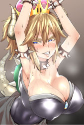  1girl armpits arms_up blonde_hair blue_eyes blush bowsette breasts cleavage crown dress covered_erect_nipples fang horns huge_breasts mario_(series) new_super_mario_bros._u_deluxe nintendo ponytail restrained sharp_teeth shell smile strapless strapless_dress super_crown super_mario_bros._1 sweat tail teeth yonyon_(yotayota_honpo)  rating:Questionable score:17 user:Perv-Ultra