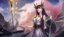  1girl 2others absurdres arm_behind_back armor black_hair blue_eyes blurry blurry_foreground braid breasts cleavage cloud day earrings flower gold_trim hair_tubes highres holding holding_weapon irelia jewelry league_of_legends lipstick makeup medium_breasts multiple_others outdoors petals sword takamitsu-kun twin_braids weapon 