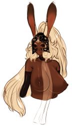  00s 1girl animal_ears breasts dark-skinned_female dark_areolae dark_nipples dark_skin female_focus final_fantasy final_fantasy_xii fran_(ff12) highres huge_nipples large_areolae large_breasts looking_at_viewer nipples parted_lips rabbit_ears red_eyes solo steffydoodles upper_body  rating:Explicit score:22 user:dmysta3000
