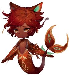  1boy animal_ears antennae braid cat_ears chibi claws closed_mouth commentary commission dark-skinned_male dark_skin english_commentary eyelashes fins fish_tail floating_hair full_body gradient_skin jewelry light_blush long_hair looking_at_viewer male_focus merman monster_boy navel necklace nipples original pectorals red_hair red_tail ribs satchely single_braid skinny slit_pupils smile solo tail topless_male transparent_background yellow_eyes 