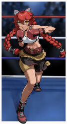  abs absurdres animal_ears boxing boxing_gloves boxing_ring boxing_shorts braid highres looking_at_viewer lupusregina_beta overlord_(maruyama) red_hair rggr shorts sports_bra sweat wolf_ears yellow_eyes  rating:General score:18 user:Meklord_Emperor_Wisel