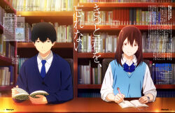  1boy 1girl absurdres black_eyes black_hair blue_bow blue_bowtie blue_jacket blue_necktie blue_sweater book bow bowtie chair closed_mouth collared_shirt copyright_name facing_viewer highres holding holding_pen indoors jacket kimi_no_suizou_wo_tabetai lee_si-min library long_hair long_sleeves necktie notebook official_art pen scan school_uniform shiga_haruki shirt short_hair sitting smile sweater table watch white_shirt wristwatch yamauchi_sakura 