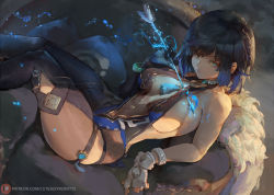 1girl areola_slip arrow_(projectile) asymmetrical_gloves black_gloves blue_eyes breasts closed_mouth cutesexyrobutts feather-trimmed_jacket fingerless_gloves genshin_impact gloves large_breasts looking_at_viewer mismatched_gloves patreon_username pillow short_hair sitting solo thighhighs thighs watermark web_address white_gloves yelan_(genshin_impact) rating:Questionable score:85 user:Vardigiil