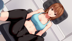 1girl :o bare_arms black_pants blue_sports_bra blunt_bangs breasts brown_eyes brown_hair chair cleavage collarbone commentary_request groin highres looking_at_viewer m_legs medium_breasts midriff navel open_mouth original pants shoes sitting sneakers solo sports_bra sportswear spread_legs suinose sweat white_footwear yoga_pants rating:Sensitive score:62 user:danbooru