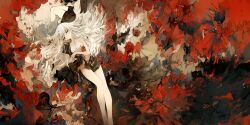  1girl 1other abstract_background bad_id bad_pixiv_id blush closed_eyes closed_mouth crop_top dress flower legs long_hair on_ground original qtonagi resting rose solo_focus white_hair 