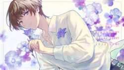  1boy belt black_belt brown_hair character_name closed_mouth collarbone collared_shirt dated dutch_angle floral_background flower happy_birthday holding holding_flower light_smile looking_at_viewer male_focus ootori_eiji open_collar pants purple_eyes sakuro shirt short_hair solo upper_body uta_no_prince-sama white_shirt 