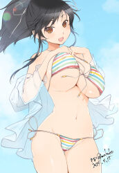 :d asuka_(senran_kagura) bare_shoulders bikini blush bouncing_breasts breasts brown_eyes brown_hair cleavage commentary gluteal_fold hair_ribbon hands_on_own_chest highres jumping kinako_(mzknk0) large_breasts looking_at_viewer medium_hair multicolored_bikini multicolored_clothes multicolored_stripes navel open_mouth ponytail rainbow_bikini ribbon see-through see-through_shirt senran_kagura short_ponytail smile string_bikini striped_bikini striped_clothes swimsuit underboob white_ribbon 