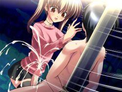  1boy 1girl bdsm black_hair blush bondage bound brown_eyes brown_hair bush censored clothed_female_nude_male clothed_on_nude cum ejaculation femdom game_cg handsfree_ejaculation hetero hiyoko_banchou imouto-sama_no_oose_no_mama_ni jewelry knees long_hair masochism masochism mind_control miniskirt necklace night nude open_mouth outdoors penis public_indecency public_nudity skirt slapping smile sweater thighhighs twintails zettai_ryouiki 
