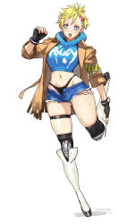  1girl alternate_hair_length alternate_hairstyle armband asymmetrical_hair black_gloves black_panties blonde_hair blue_eyes blue_hoodie blue_shorts boots breasts brown_coat casual clothes_writing coat commentary concept_art conto cropped_hoodie cutoffs drawstring earclip english_commentary english_text final_fight_tough fingerless_gloves fingernails freckles gloves highleg highleg_panties highres hood hoodie knee_boots knee_pads long_legs lucia_morgan medium_breasts midriff mole mole_under_eye navel official_alternate_costume official_alternate_hairstyle panties piercing platform_boots platform_footwear red_nails short_hair shorts sidecut skindentation sleeves_pushed_up solo standing standing_on_one_leg street_fighter street_fighter_v stretching thigh_strap toned tongue_piercing torn_clothes torn_coat underbutt undercut underwear white_footwear 