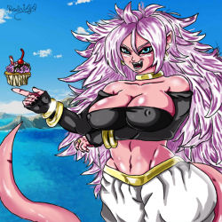  absurdres android android_21 big-breasts breasts cupcake dragon_ball dragonball_z food highres incredibly_absurdres majin_android_21  rating:Explicit score:1 user:Black_Xogum