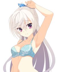  1girl absurdres ahoge akizuki_kanna arm_at_side arm_up armpits blue_bra blue_ribbon blush bra breasts cafe_stella_to_shinigami_no_chou cleavage closed_mouth collarbone commentary_request crossed_bangs eyes_visible_through_hair floral_print grey_hair hair_between_eyes hair_ribbon highres kaon_zz long_hair looking_at_viewer medium_breasts paid_reward_available ponytail presenting_armpit print_bra red_eyes ribbon simple_background solo split_mouth underwear underwear_only upper_body very_long_hair white_background 